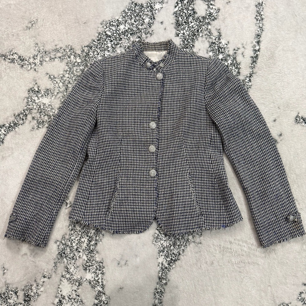 Armani Collezioni Italy Tweed Jacket Blazer Fringe Trim Blue Womens Size 12